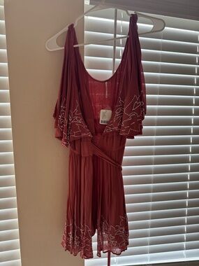 Free People Rust Red Mini Dress with Embellished Flutter Sleeves